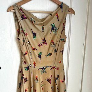 Anthropologie Eva Franco Midi Fit and Flare Wedding Guest Dress- Gold with birds